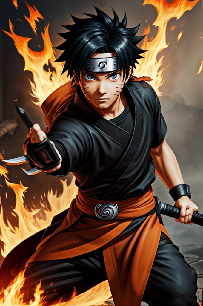 Anime, Boy , brun , Naruto drawing style, katana , jutsu, fire, sharingan