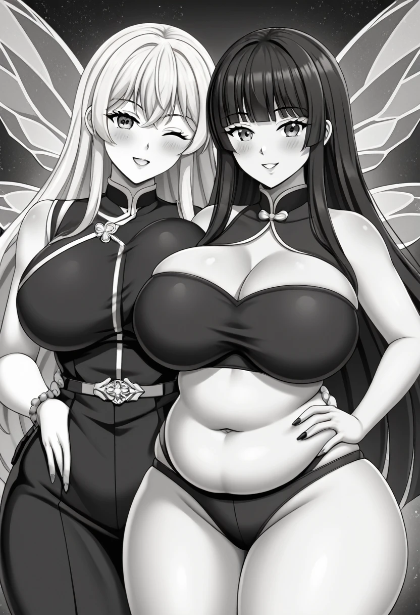 beautiful girl: 

long hair with bangs:
Hair color; black and white hair, but with black bangs and a few strands of black hair Body: , small waist, Wide , chubby thighs, culona (wasp body)

Imegen: tiene un tatuaje en el pecho de una araña  🕷️ y en el abdomen bajo tiene un tatuaje tambien de flor de loto 🪷 

Ojos: heterocromina, one eye is black and the other is light blue crystalline