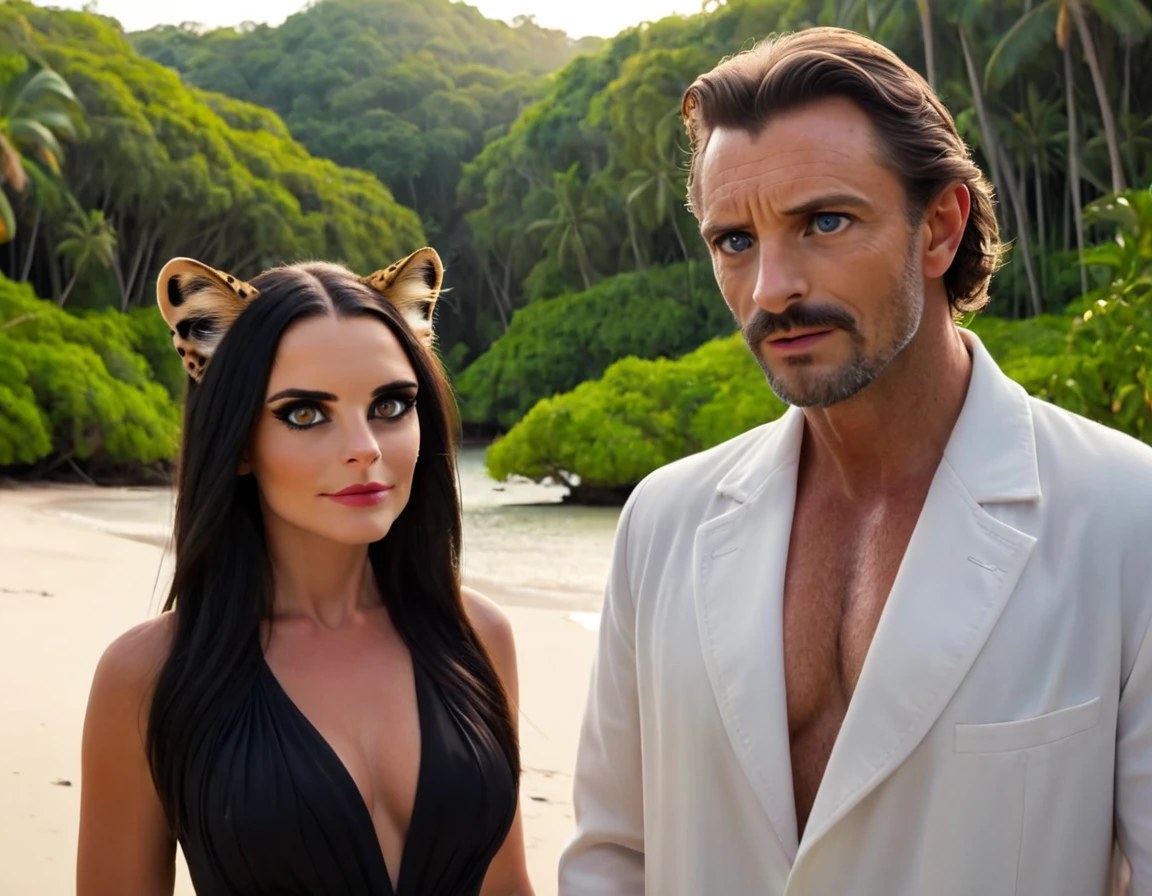 From the movie "The Island of Dr. Moreau", (leopard ears, whisker flesh, vertically elongated pupils:1.5), long straight black hair, beautiful woman in a black dress baring her fangs, standing on the beach, a middle-aged man in a white coat standing next to the woman, (background is a luxurious tropical mansion and mangrove forest: 1.4), mythical creature, realistic, highly detailed, 8k, masterpiece, dramatic lighting, cinematic, graceful, feline, powerful, intense gaze, flawless skin, exquisite details, dynamic pose, atmospheric, stunning colors, chiaroscuro