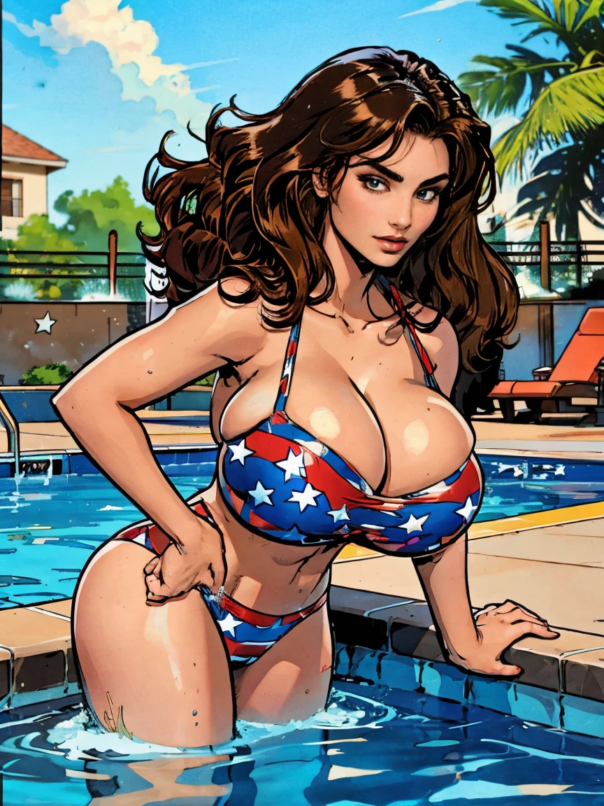 Gorgeous and sultry busty athletic (thin) smirking brunette with sharp facial features and a (big hair) and (huge boobs) wearing a star-spangled bikini, Americana, swimming pool.