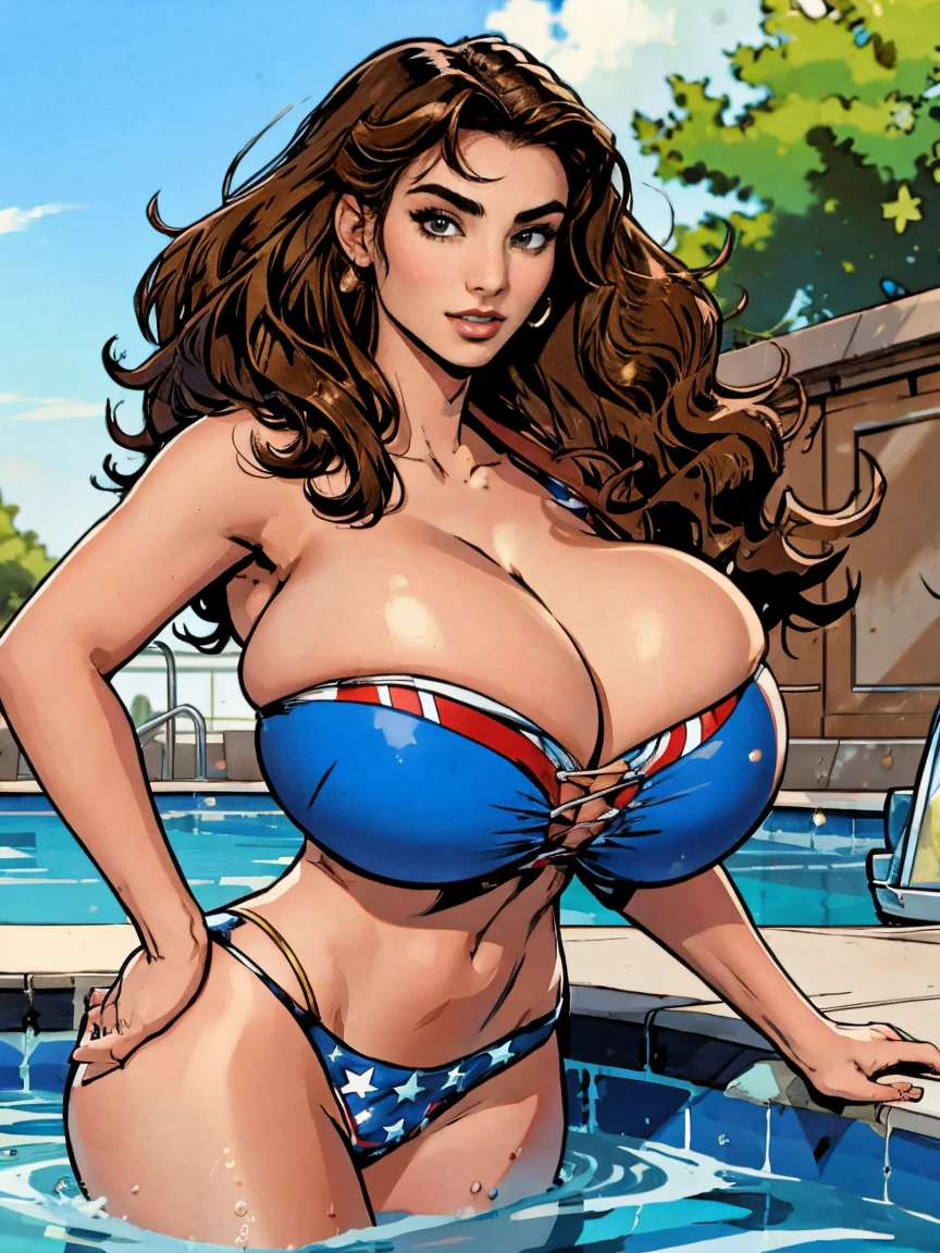 Gorgeous and sultry busty athletic (thin) smirking brunette with sharp facial features and a (big hair) and (huge boobs) wearing a star-spangled bikini, Americana, swimming pool.