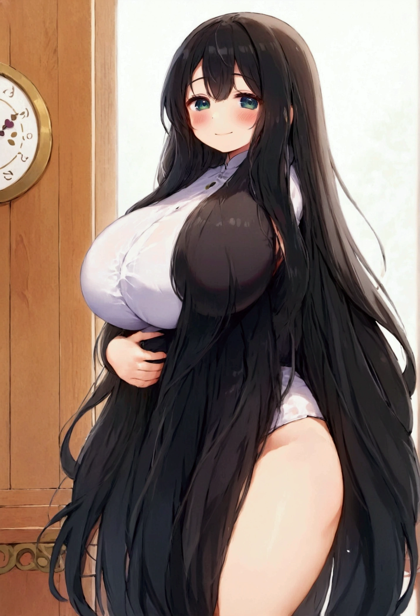 cute girl, super long hair, black hair, big hair, thick hair, big breasts, big butt, hourglass body, emphasis on hair, emphasis on eyes, emphasis on face, blush, smile, asian girl