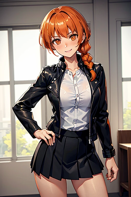 Leonie_Pinelli, (black_leather jacket | white shirt under jacket | black pleated skirt), skinny body, (medium hair | braid on shoulder | orange hair), orange_eyes, thin_legs_and_hips, gentle_smile, blushing, inside room, beautiful, female, high resolution, 4k