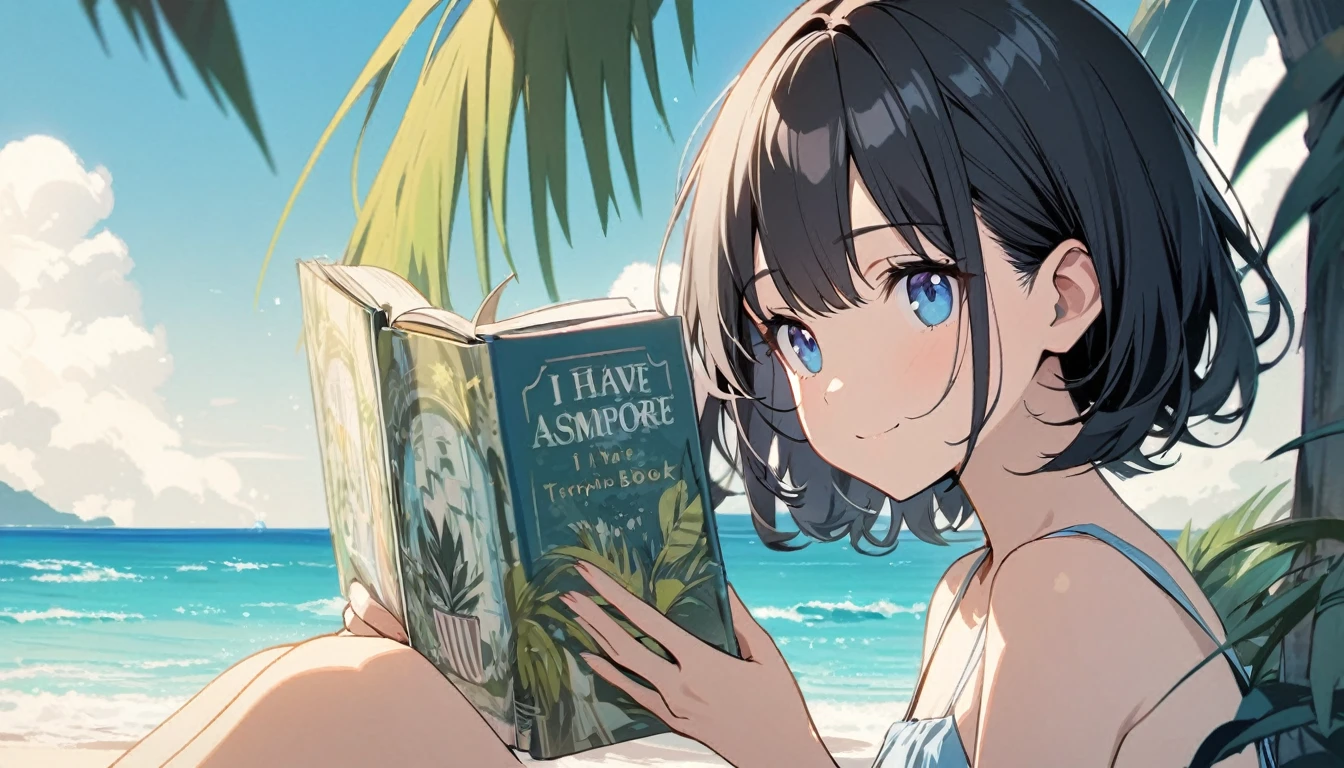 beautiful 1girl, solo, gentle smile on her face flat chest, short hair, black hair, blue eyes, Beautiful depiction,Girl, alone,Eyes open,I have a book,Tropical atmosphere,Ocean