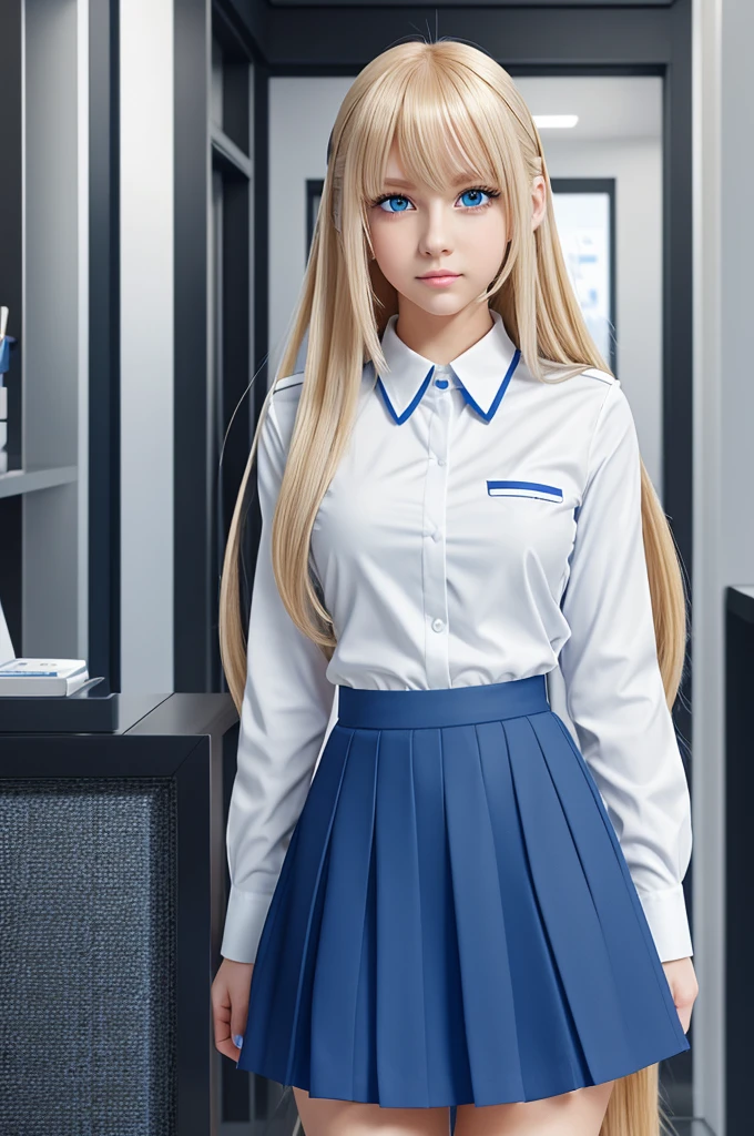 Screencap Blue Lock, a ager young woman with blue eyes and a beautiful long and blonde hair, big eyelashes, full lips with lip gloss. She wears a uniform consisting of a white shirt and a black skirt. She is animated a the anime style of the anime Blue Lock. captura de pantalla blue Lock, animada ala estilo del anime Blue Lock