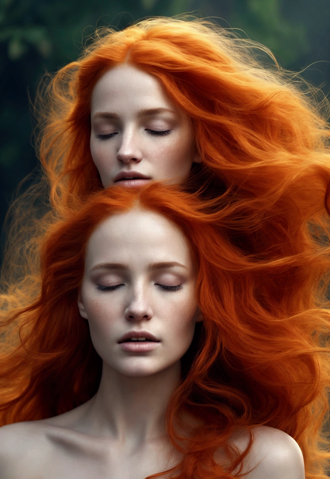 Create a detailed and expressive painting of a woman with long, flowing red hair in a close-up view. The woman should be centered in the image with her head slightly tilted back, eyes closed, and a serene expression on her face. Her face should be looking at camara. Her shoulders should be visible, while the rest of her body remains outside the frame. The background should feature a fiery halo surrounding her head, composed of vibrant orange and yellow tones that create an intense, radiant effect in a black background. The hair should blend seamlessly with the halo, giving a sense of movement and energy. Use dramatic lighting to highlight the woman's face and hair, creating a strong contrast with the fiery background. The artistic style should focus on intricate details and ethereal elements, ensuring that the overall composition feels divine and otherworldly. Maintain the warmth of the colors and the fine textures to replicate the provided image closely, allowing the figure to be replaceable with another while preserving the background and overall style. 