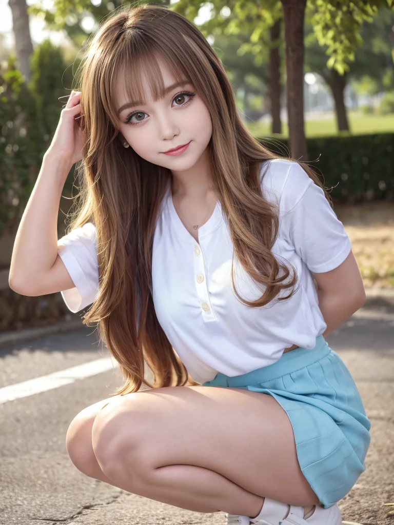 Highest quality, masterpiece, High resolution, original, One Girl, Light honey-colored straight hair with outward curls, The most beautiful 15 year old girl in the world, Young body shape, childish expression, Beautiful light brown eyes, Big double eyelid eyes, Glossy Lips, Round face, eyeliner, , Please tilt your head a little, shirt, button３out of place, Peeking into the chest, The chest is exposed, Small breasts, Small breasts, In an empty park, Cute light blue mini skirt, You can see her white panties, A glimpse of white panties, Squatting in pumps, Snow-white skin, Glowing Skin and Bright Cheeks, Small breasts, A shy smile, Beautiful thighs, Low Angle, Accentuate your thighs, Thighs become dew, 