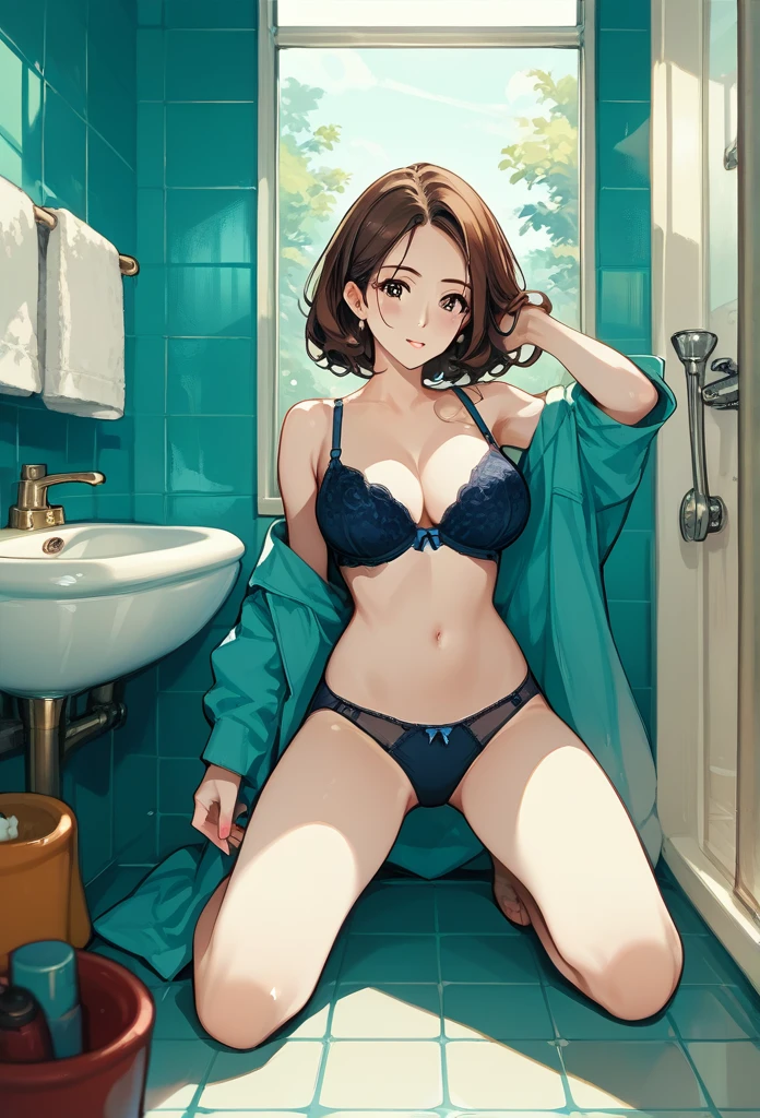 masterpiece, best quality, mature woman, Fukada Eimi, Eimi Fukada, brunette hair, curvy body, bathroom, kneeling, bra, panties, besides urinal