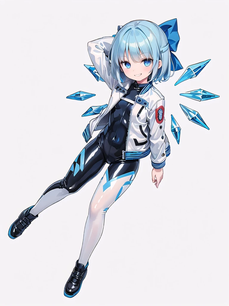 (((high quality))),(((masterpiece))),(((highly detailed))),((illustration style)),(((one girl)))(((cirno))), (touhou),(((short hair,blue hair))),ice wings,(((blue eyes))),(((bangs))),(((white leather jacket))),(((blue full bodysuit))),((latex)), (shiny clothes:1.2),(((grin))),(((full body))),(((arm behind head))),(((model posing))),((((simple white background))),(((Angle from above)))