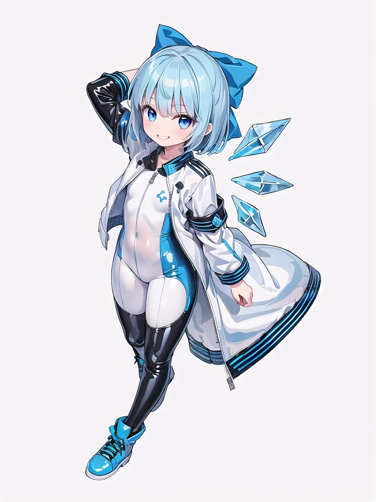 (((high quality))),(((masterpiece))),(((highly detailed))),((illustration style)),(((one girl)))(((cirno))), (touhou),(((short hair,blue hair))),ice wings,(((blue eyes))),(((bangs))),(((white leather jacket))),(((blue full bodysuit))),((latex)), (shiny clothes:1.2),(((grin))),(((full body))),(((arm behind head))),(((model posing))),((((simple white background))),(((Angle from above)))