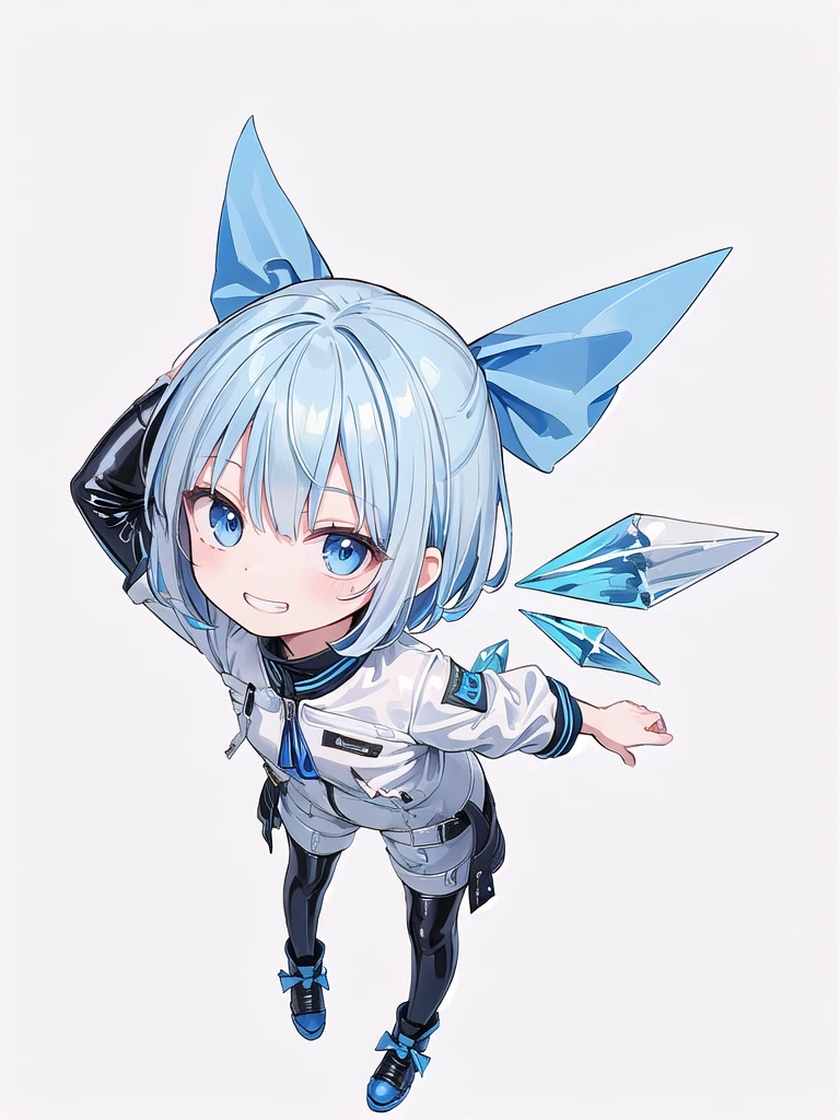 (((high quality))),(((masterpiece))),(((highly detailed))),((illustration style)),(((one girl)))(((cirno))), (touhou),(((short hair,blue hair))),ice wings,(((blue eyes))),(((bangs))),(((white leather jacket))),(((blue full bodysuit))),((latex)), (shiny clothes:1.2),(((grin))),(((full body))),(((arm behind head))),(((model posing))),((((simple white background))),(((Angle from above)))