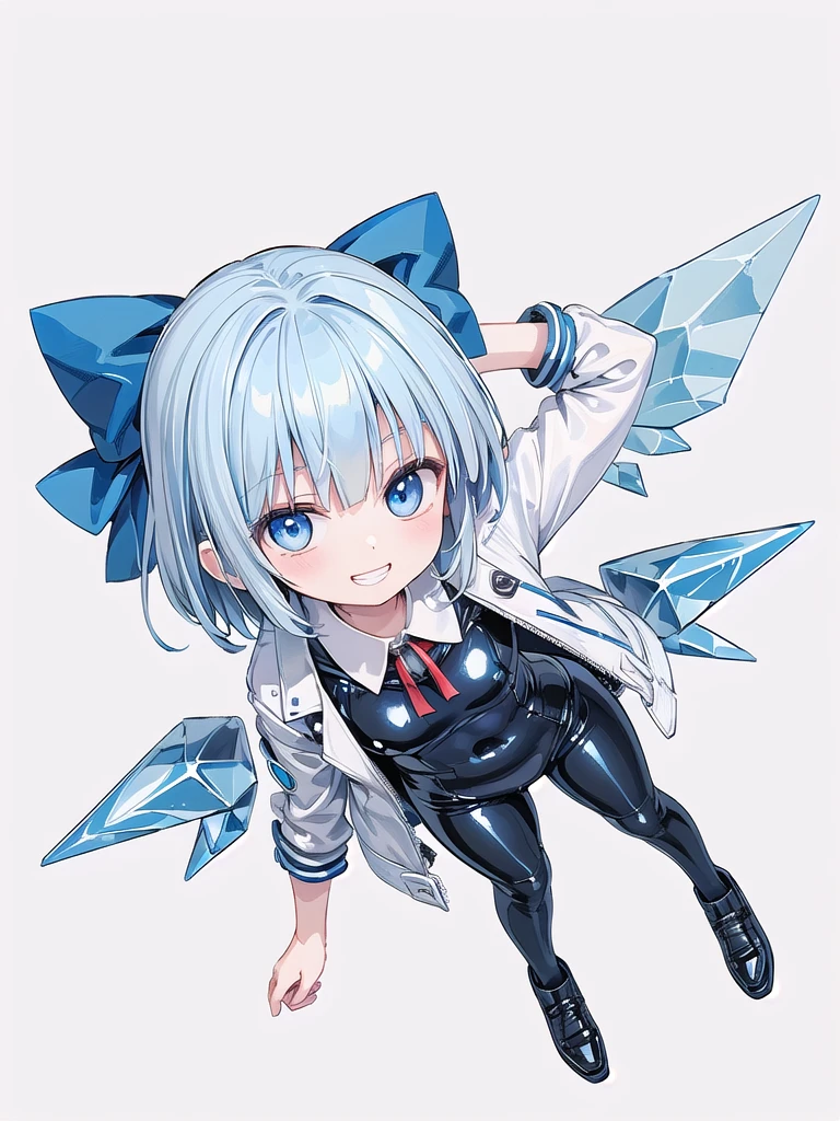 (((high quality))),(((masterpiece))),(((highly detailed))),((illustration style)),(((one girl)))(((cirno))), (touhou),(((short hair,blue hair))),ice wings,(((blue eyes))),(((bangs))),(((white leather jacket))),(((blue full bodysuit))),((latex)), (shiny clothes:1.2),(((grin))),(((full body))),(((arm behind head))),(((model posing))),((((simple white background))),(((Angle from above)))