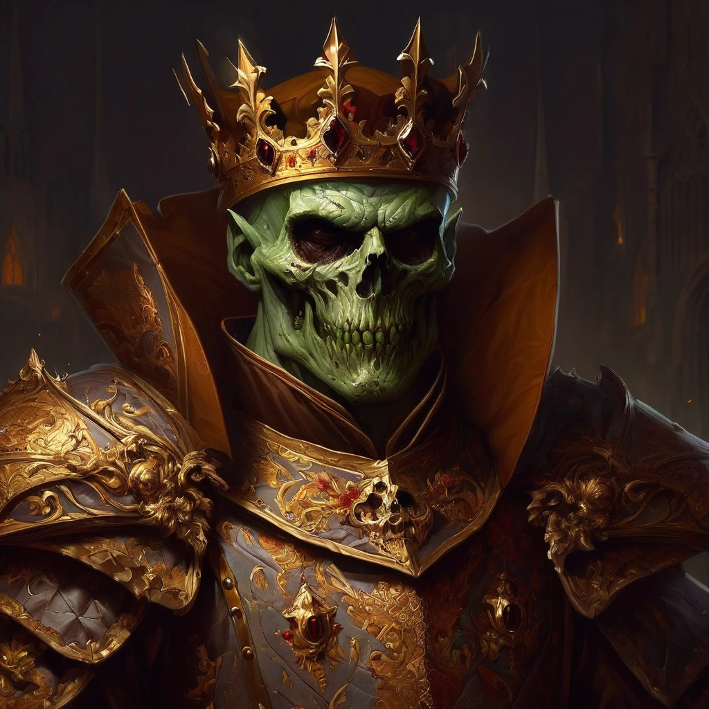 medieval portrait of the zombie king, brown royal outfit, armors, undead, fancy, trends on ArtStation, art by Mike Azevedo and Alex Negrea