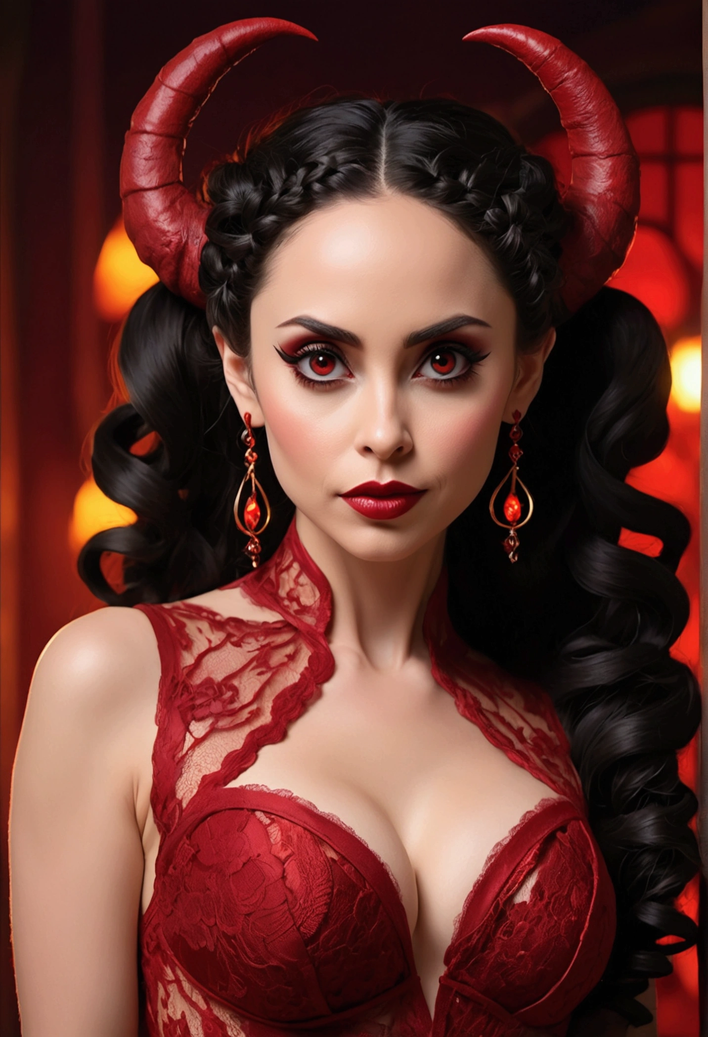 Full body shot Eliza Dushku devil, ringlets wavy five feet long black hair, updo hairstyle with ponytail on one side and long hairpins holding the bun long braid, strong thighs, dark red glossy lips, heavy red eye shadow long red eyeliner, long sharp claws, red lace beautiful and creative devil bodysuit, huge cleavage, devil horns, no earrings, no earrings, no earrings, no jewels, beautiful forehead lace ornament, posing in a feminine devil hell, happy expression, red ambience night time fire lights. No faces on her chest!