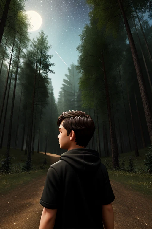 ((Best Quality)), ((Masterpiece)), (detailed), a boy with a Roblox Avatar style and behind him there is a forest where you can see a black figure in this forest in the night sky you can see some black birds and in the forest that is behind the boy you can see small red eyes 
