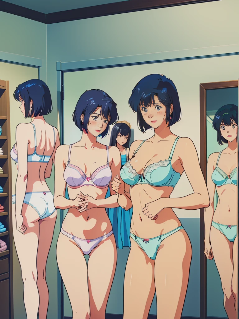 masterpiece, top quality, ultra detailed, (((((NOGAMI_SAEKO, bob cut)BREAK(SUMERAGI_AIKA), best anatomy, in underwear, (panties, elaborately designed luxury panties for adults, panties high definition images, draw panties with super precision), lace trimmed bra, extremely detailed texture, earrings, red lip, embarrassed, blush, smile)))), cowboy shot, (((underwear in dressing room))), white skin, (presenting panties), (display panties:1.5),holding panties with both hands