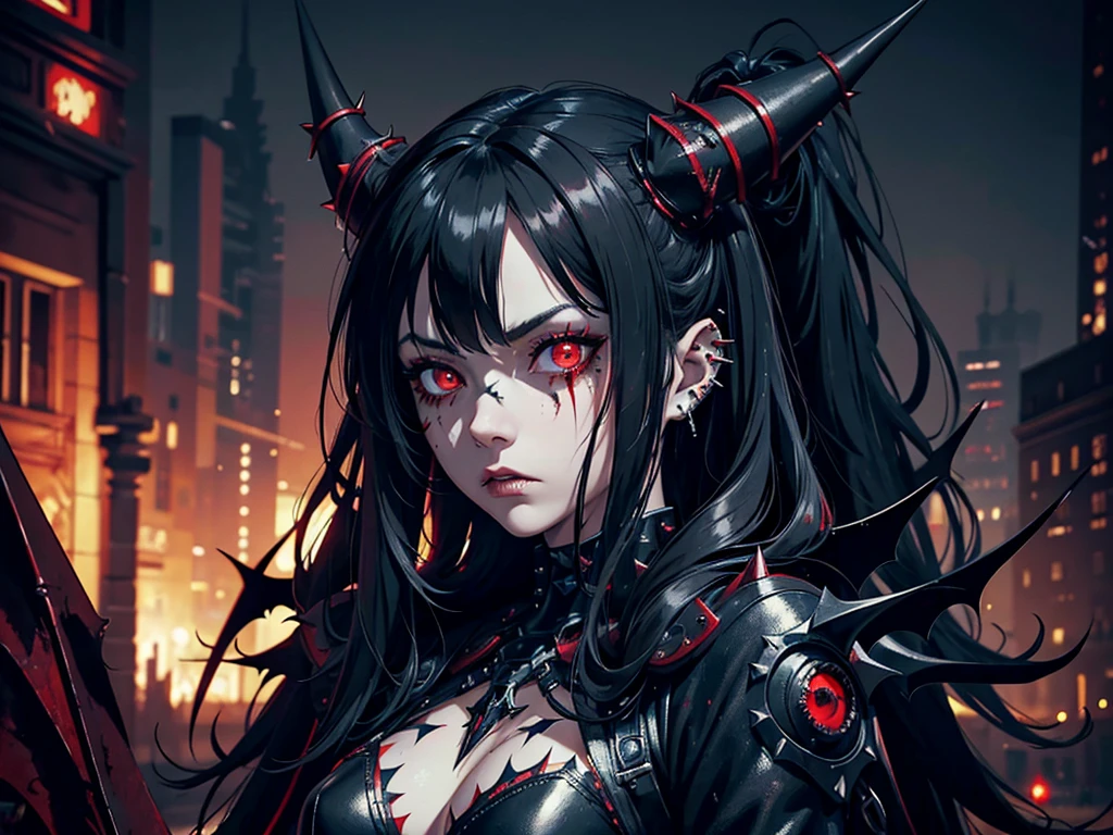 1girl, spiky messy black long hair, demon, red eyes, blood tears, ear piercings, face piercings, blood, tattoos, bats, mechanical arms, wearing black robot suit, wearing black fur cloak, mechanical wings, mechanical horns, graveyard, night, high res, ultrasharp, 8k, masterpiece, looking at viewer