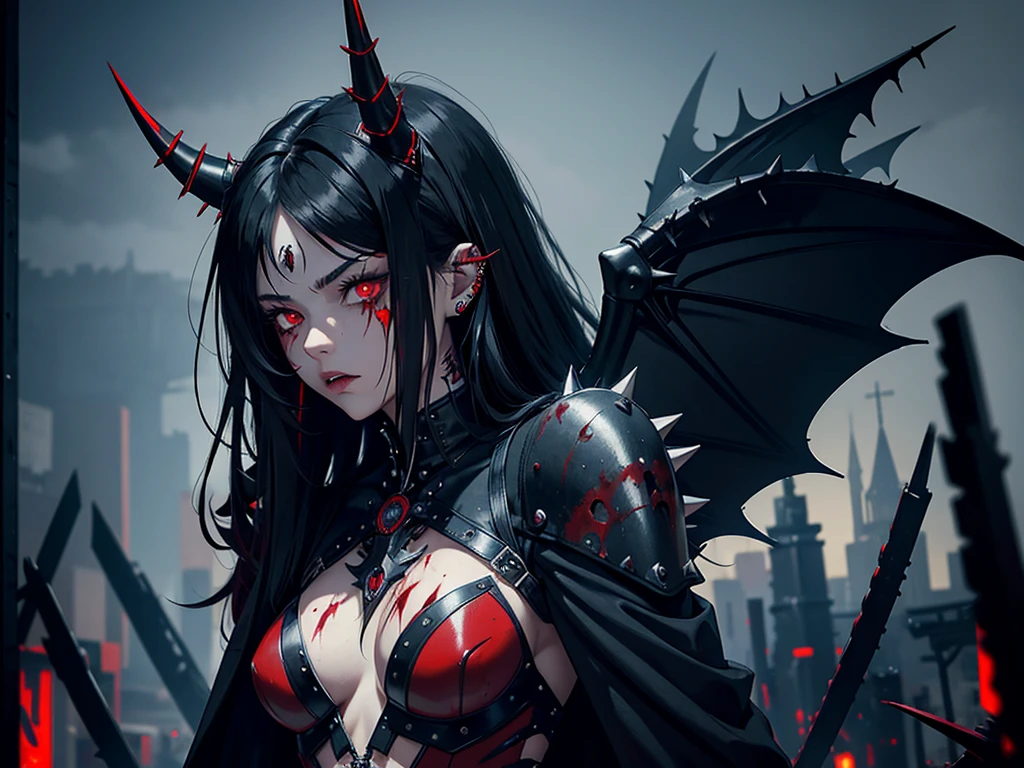 1girl, spiky messy black long hair, demon, red eyes, blood tears, ear piercings, face piercings, blood, tattoos, bats, mechanical arms, wearing black robot suit, wearing black fur cloak, mechanical wings, mechanical horns, graveyard, night, high res, ultrasharp, 8k, masterpiece, looking at viewer