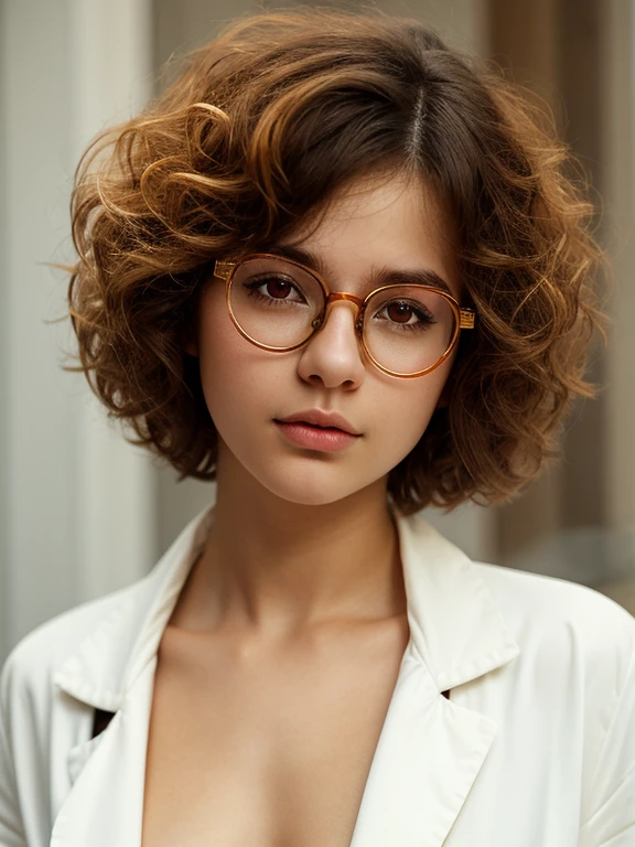 (masterpiece, Best quality:1.2), 1 young charming tomboy girl, 16 years, One, Russian chubby brown-eyed girl in glasses with aesthetic small breasts and beautiful erect nipples, Beautiful realistic eyes, round face, round cheeks, small round chin, wide cheekbones, beautiful proportional small wide nose, Plump lips, closed mouth, expressive brown eyes, long eyelashes, glasses with lenses, A little crazy look, sparkle in the eyes, tousled dark brown mohawked short hair, highlighting individual strands of hair in fiery orange color, realistic highlighting, stylish revealing translucent white lab coat to mid-thigh on a naked body, curly pubic hair, Beautiful long legs, barefoot, I don't wear a bra because it's hot, I don't wear panties because it's hot, beautiful muscular arms, Graceful fingers, velvety skin, full-length photo portrait, whole body, high quality human skin textures, realistic hair, Beautiful face, Ideal Anatomy, realistic textures, maximum realism of clothing textures, realistic glasses with distorting lenses, medium shot, Free standing pose, against a brick wall, seductive model standing pose