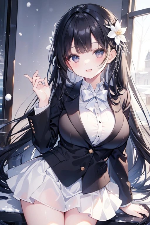 young girl, black hair, silver eyes,beautiful and detailed eyes, big breasts, long hair, happy smile, black shirt,white blazer, black mini skirt, (snow scene, snow flowers)