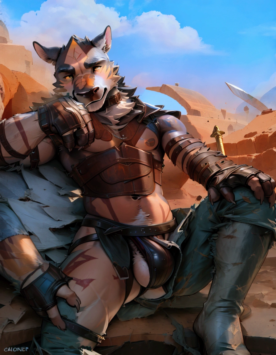 Solo Sexy young anthro acaliereptile dragon male mercenary medieval solider, slim slim muscular, anthro handsome gay shorter muzzle, handsome gay model male apperance, sword scars, worn out leather skimpy armament, low on hips heavy leather belt, old very worn out skimpy dirty linen material jockstrap, old yellow dirty worn out stains on white sawn jockstrap, very visible "x" brown seam pattern on the jockstrap, studded skimpy armlets breastplate armor, skimpy breastplate, leather bondages, fingerless leather gloves, smelly unwashed husk, dirty body look, desert battlefield, standing in sexy fighting position, close view of full character