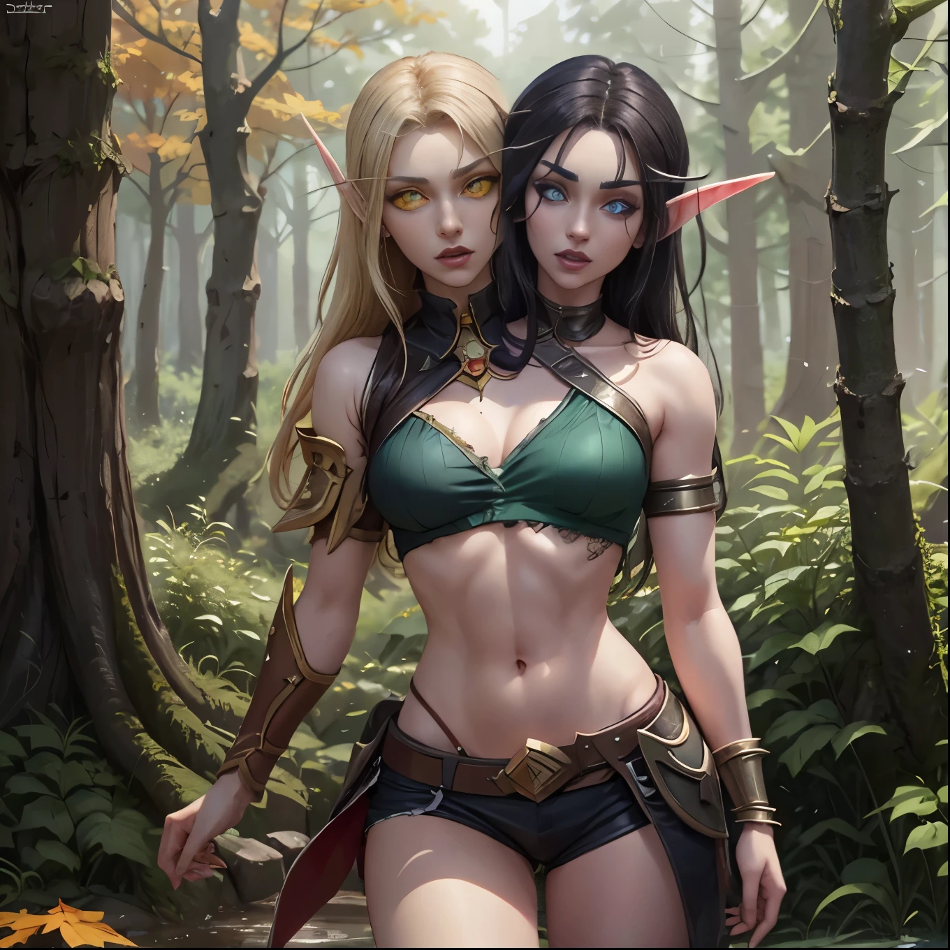 (Masterpiece, highly detailed, highly quality, highly resolutions), body facing viewer, conjoined_dicephalus, two heads, BREAK bldelf, angry, clenched teeth, glowing eyes, yellow eyes, Blonde hair, colored sclera, mature female, red short shirt, navel, red shoulder pad, gold trim, yellow leaves, jewelry, looking at viewer, forest, day, bare shoulders, Fall season