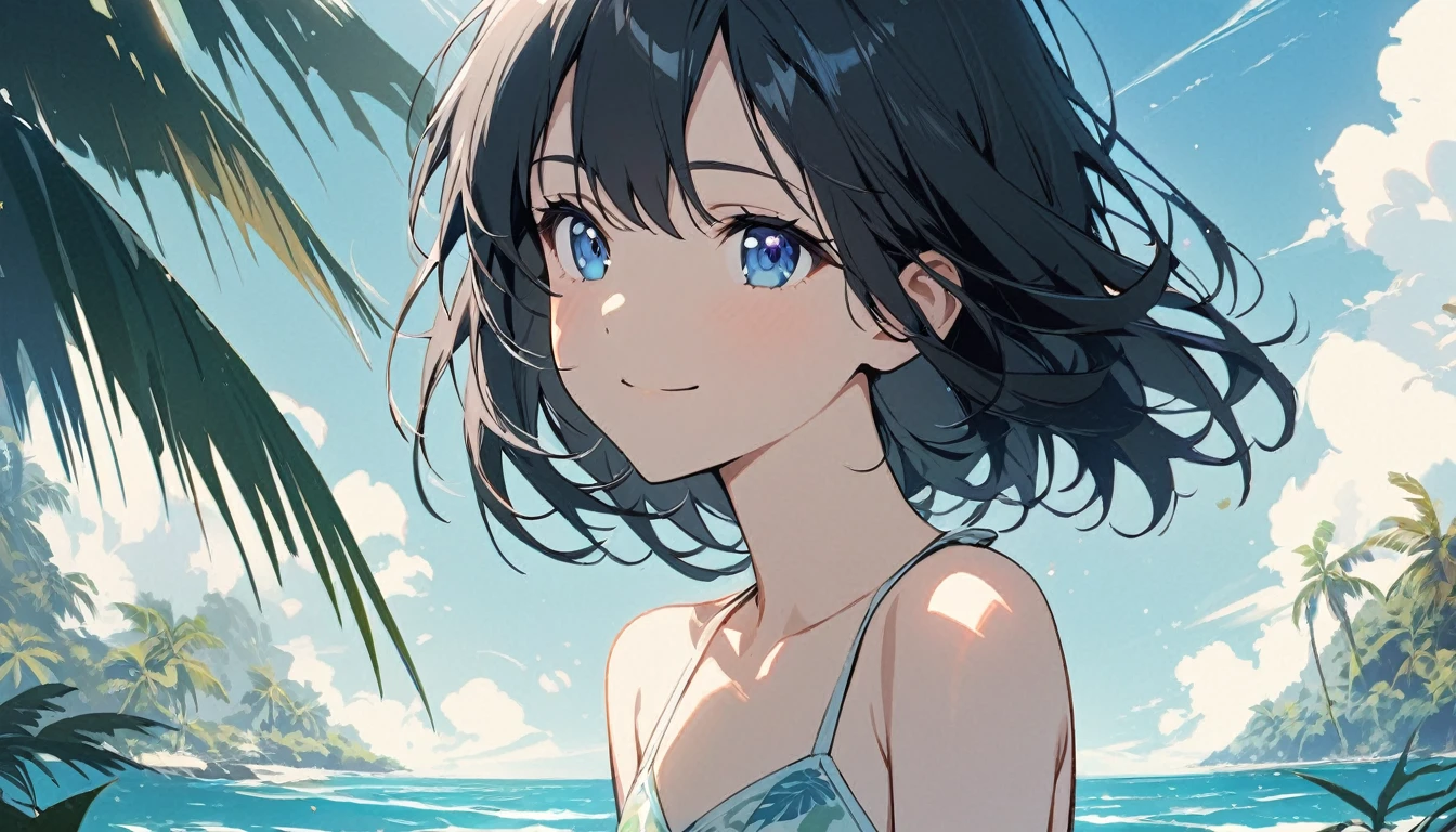 beautiful 1girl, solo, gentle smile on her face flat chest, short hair, black hair, blue eyes, Beautiful depiction,Girl, alone,Eyes open,Tropical atmosphere,Ocean