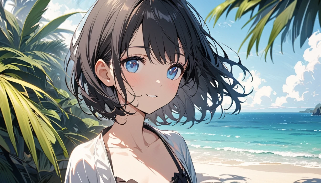 beautiful 1girl, solo, gentle smile on her face flat chest, short hair, black hair, blue eyes, Beautiful depiction,Girl, alone,Eyes open,Tropical atmosphere,Ocean