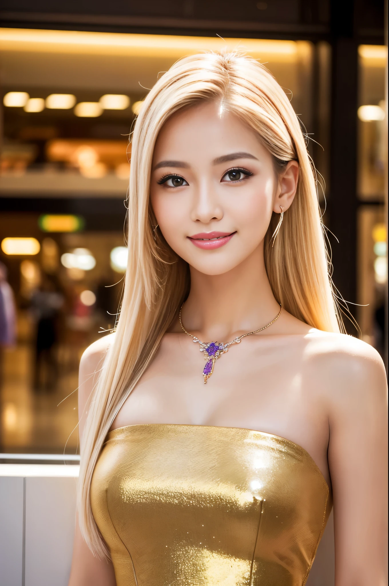 (masterpiece:1.4), (best quality:1.4), ultra high res, ultra high resolution, ((detailed facial features)), HDR, (realistic, photorealistic, photo-realistic:1.37), closeup, sexy seductive Thai woman, (seductive smile), long lashes, beautiful makeup, platinum blonde hair, fair skin, slender figure, elegant posture, wearing large sparkling colorful jewelery, wearing a business style leather dress, standing in a large shopping mall, gentle sunlight shining through the shopping mall windows, casting a soft glow on her face, adding warmth to the scene, vibrant colors, capturing the essence of vibrant city life, portrait style, showcasing her natural beauty and grace in a feminine way