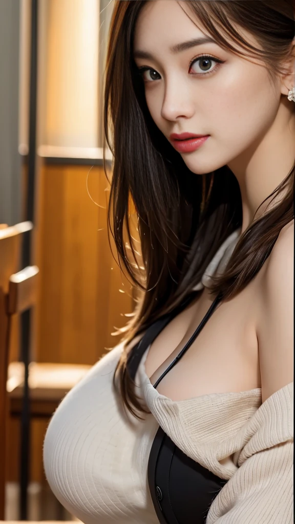Close-up: A beautiful secretary with a huge bust that looks like it's about to spill out and beautiful legs is standing in the office seducing you. Dress shirt, mini skirt, plump thighs, glossy, wet, cleavage emphasized
