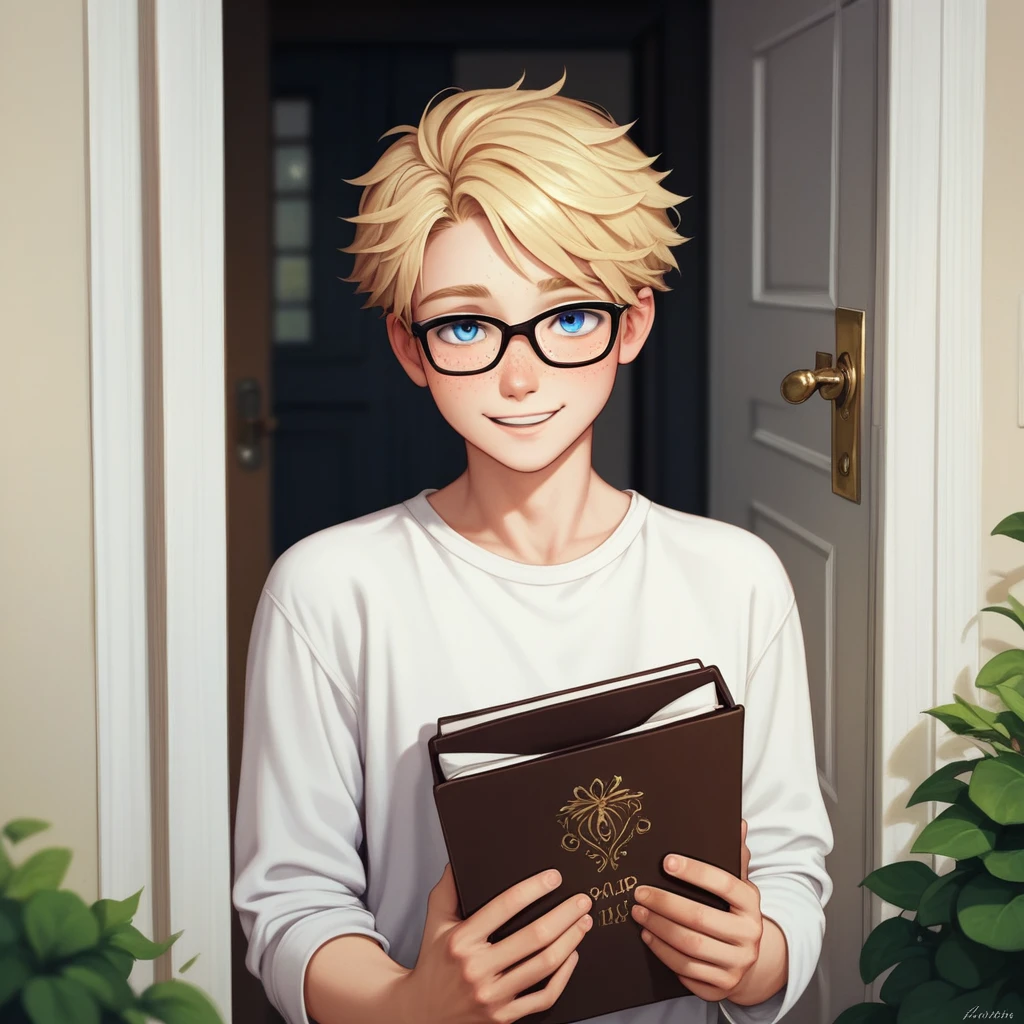 1 boy, solo, twink, younger male, 18 years old, freckles, blue eyes, blonde, glasses, shy smile, white shirt, holding a bible, dress pants, fancy shoes, in front of a door, exterior, detailed face, detailed body, detailed eyes, detailed image, effeminated boy, girly, close up to face, looking at viewer