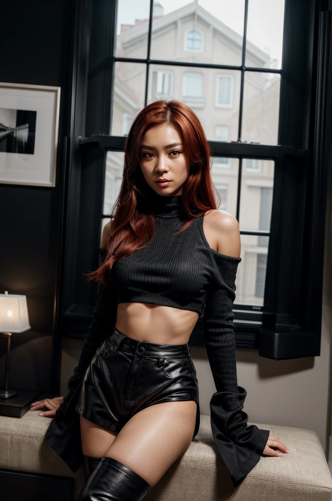 [[((young attractive Asian woman with striking red hair styled in a sleek, long look, medium-light skin, and striking dark brown eyes:1.6)), ((wearing a stylish black outfit featuring a chic, oversized black sweater with buckle details on the sleeves, paired with short black shorts and thigh-high black boots:1.4)). She is standing confidently in a contemporary art gallery with modern sculptures and abstract paintings. The background features minimalist decor with clean lines and bright, even lighting that highlights the art pieces. The scene is captured with a ((full-frame DSLR:1.4)) using a ((85mm prime lens:1.4)) for a close-up, fashion-oriented perspective. Professional lighting enhances her natural features and the stylish outfit. The image should be in ((8K resolution:1.5)) with ((hyper-realistic detail:1.6)). The focus is on the woman’s stylish black outfit, her confident pose, and the sophisticated art gallery setting, creating a refined, fashionable effect.]]
