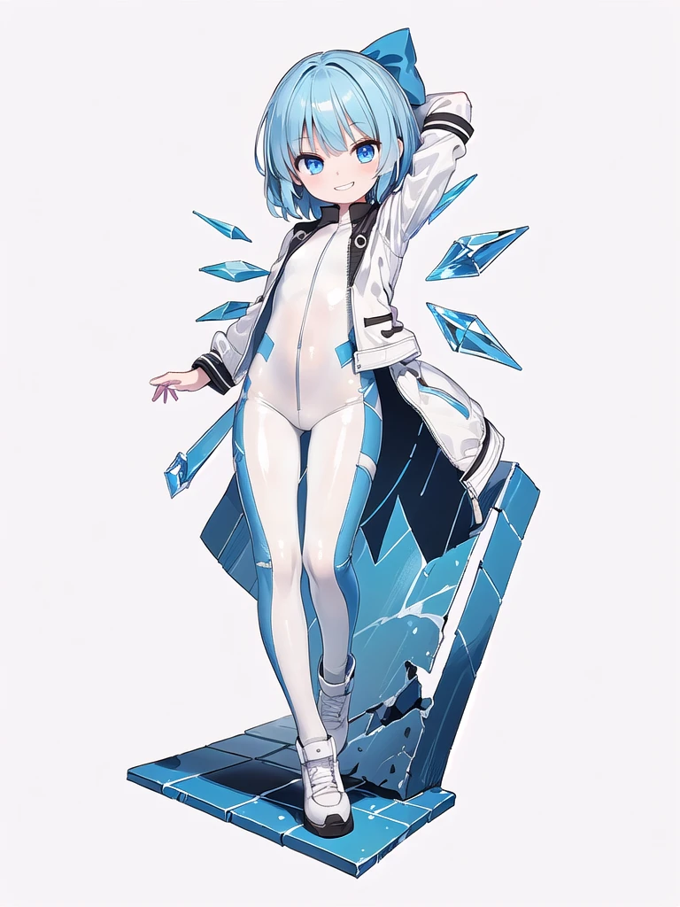 (((high quality))),(((masterpiece))),(((highly detailed))),((illustration style)),(((one girl)))(((cirno))), (touhou),(((short hair,blue hair))),ice wings,(((blue eyes))),(((bangs))),(((white leather jacket))),(((blue full bodysuit))),((latex)), (shiny clothes:1.2),(((grin))),(((full body))),(((arm behind head))),(((model posing))),((((simple white background))),(((Diagonal angle)))