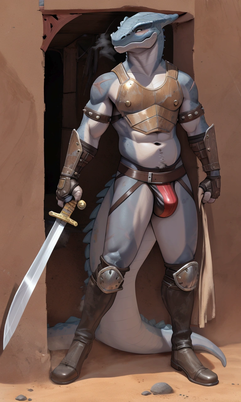 Solo Sexy young anthro acaliereptile dragon male mercenary medieval solider, slim slim muscular, anthro handsome gay shorter muzzle, handsome gay model male apperance, sword scars, worn out leather skimpy armament, low on hips heavy leather belt, old very worn out skimpy dirty linen material jockstrap, old yellow dirty worn out stains on white sawn jockstrap, very visible "x" brown seam pattern on the jockstrap, studded skimpy armlets breastplate armor, skimpy breastplate, leather bondages, fingerless leather gloves, smelly unwashed husk, dirty body look, desert battlefield, standing in sexy fighting position, close view of full character