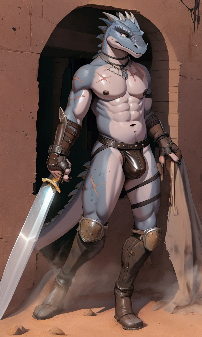 Solo Sexy young anthro acaliereptile dragon male mercenary medieval solider, slim slim muscular, anthro handsome gay shorter muzzle, handsome gay model male apperance, sword scars, worn out leather skimpy armament, low on hips heavy leather belt, old very worn out skimpy dirty linen material jockstrap, old yellow dirty worn out stains on white sawn jockstrap, very visible "x" brown seam pattern on the jockstrap, studded skimpy armlets breastplate armor, skimpy breastplate, leather bondages, fingerless leather gloves, smelly unwashed husk, dirty body look, desert battlefield, standing in sexy fighting position, close view of full character
