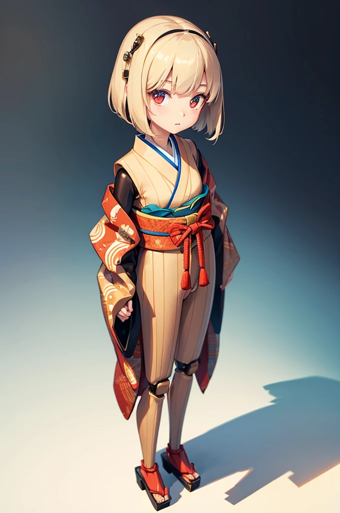Wooden Humanoid Robot,Wood grain body,Made to resemble a young girl,wear the kimono,Young,Illustrated,Close-up