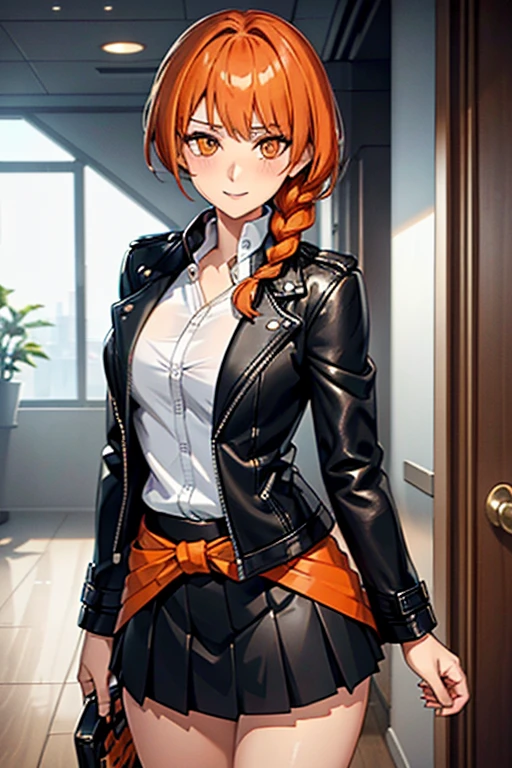 Leonie_Pinelli, (black_leather jacket | white shirt under jacket | black pleated skirt), skinny body, (medium hair | braid on shoulder | orange hair), orange_eyes, thin_legs_and_hips, gentle_smile, blushing, inside room, beautiful, female, high resolution, 4k