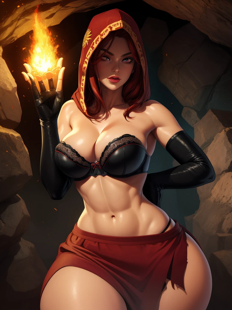 Dsorceress, redhair, shadowy face,dark cave, fire, hood, shadowed face, strapless bra, slim and athletic body, miniskirt, no panty, elbow gloves, dark skin, 1 girl (insanely detailed, masterpiece, best quality)

