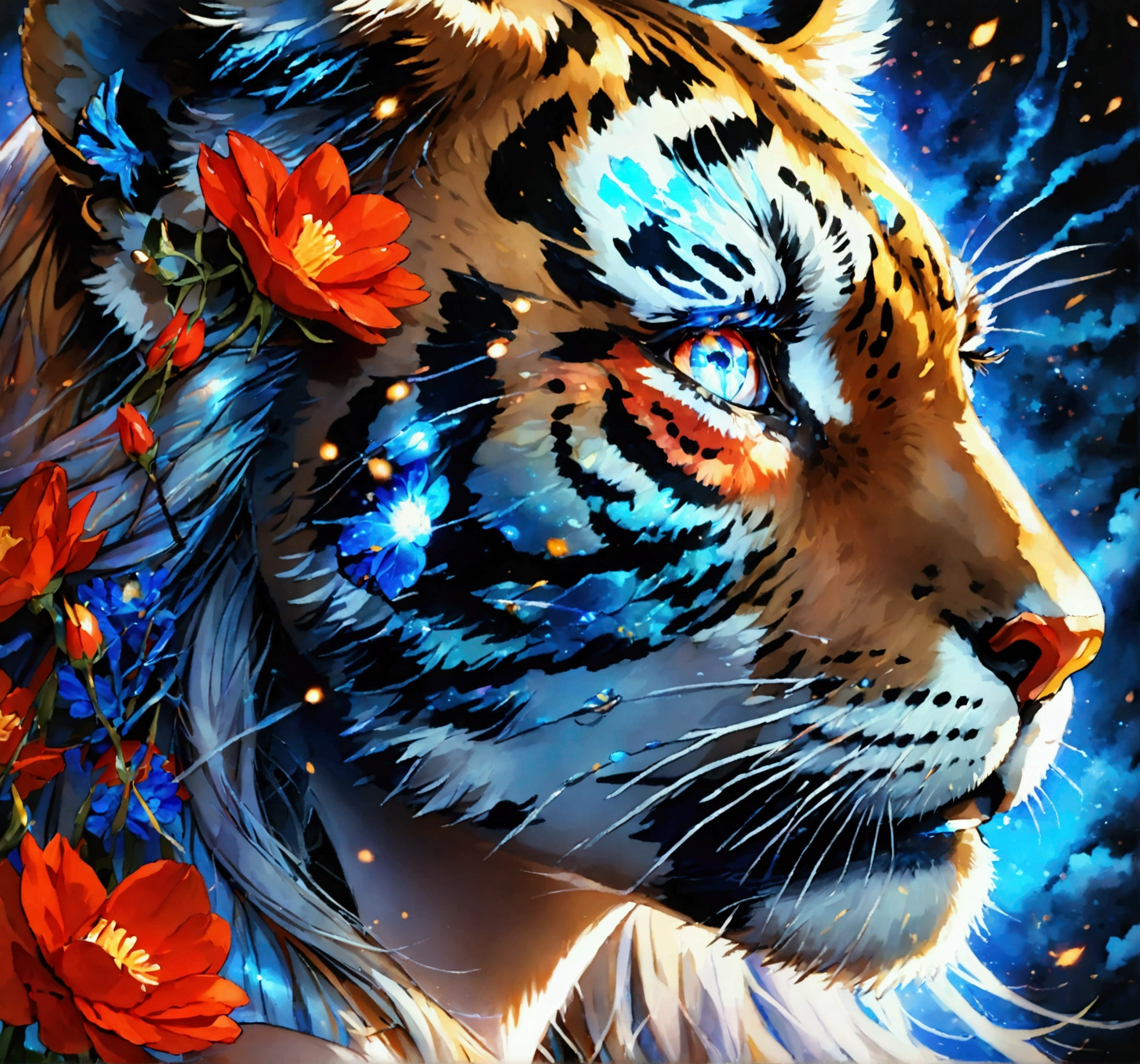 portrait, 仅限脸部portrait, Macro, 战斗天使portrait, beautiful white skin with sparks and flash, long hair，There are blue flowers in the hair, Shining bright eyes, universe eyes, Next to it is a red tiger, Very fine fur (Vectorization) Blue lightning eyes, Delicate skin, The images feature dynamic compositions and energetic poses，striking. Includes many fantastic details，For example, bump, Phantom Iridescent, flash, galaxy, universe, ((Dark Celestial Skin, 空虚universe体)), (((Dark background))), (((Turn off the lights))), (((Hollywood Dark))), fear, Dramatic shadows, (In a dark fantasy space:1.3, flash, spark, flash) Vector digital illustration, (black background:1.5)sharp
