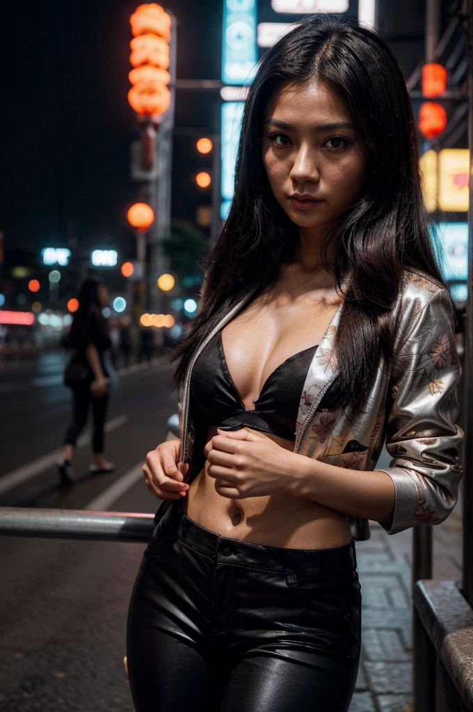 [[((young attractive Singaporean woman with strong Chinese Asian influence, a brown tanned complexion, long straight dark black hair, striking almond-shaped dark brown eyes, and a  frame:1.6)), ((Sophie Tan:1.5)), standing confidently in a busy city street at night, illuminated by colorful neon lights. She is wearing ((a stylish floral jacket over a black top, paired with sleek black pants:1.4)). The background features vibrant city lights and a lively atmosphere. The scene is captured with a ((full-frame DSLR:1.4)) using a ((85mm prime lens:1.4)) to keep Sophie in sharp focus while slightly blurring the background. Professional lighting enhances her natural features and the glowing city lights. The image should be in ((8K resolution:1.5)) with ((hyper-realistic detail:1.6)). The focus is on Sophie’s fashionable outfit and the captivating neon-lit background.]]