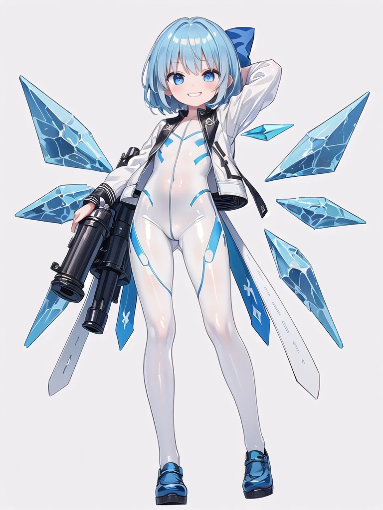 (((high quality))),(((masterpiece))),(((highly detailed))),((illustration style)),(((one girl)))(((cirno))), (touhou),(((short hair,blue hair))),ice wings,(((blue eyes))),(((bangs))),(((white leather jacket))),(((blue full bodysuit))),((latex)), (shiny clothes:1.2),(((grin))),(((full body))),(((arm behind head))),(((model posing))),((((simple white background))),(((Angle from below)))