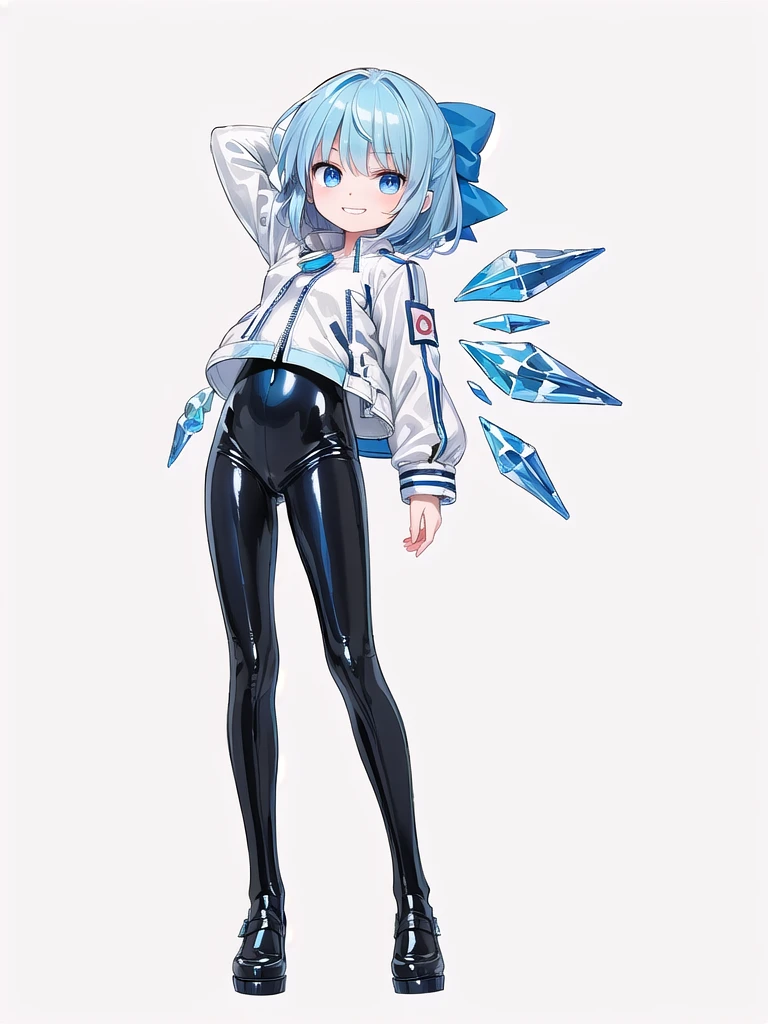 (((high quality))),(((masterpiece))),(((highly detailed))),((illustration style)),(((one girl)))(((cirno))), (touhou),(((short hair,blue hair))),ice wings,(((blue eyes))),(((bangs))),(((white leather jacket))),(((blue full bodysuit))),((latex)), (shiny clothes:1.2),(((grin))),(((full body))),(((arm behind head))),(((model posing))),((((simple white background))),(((Angle from below)))