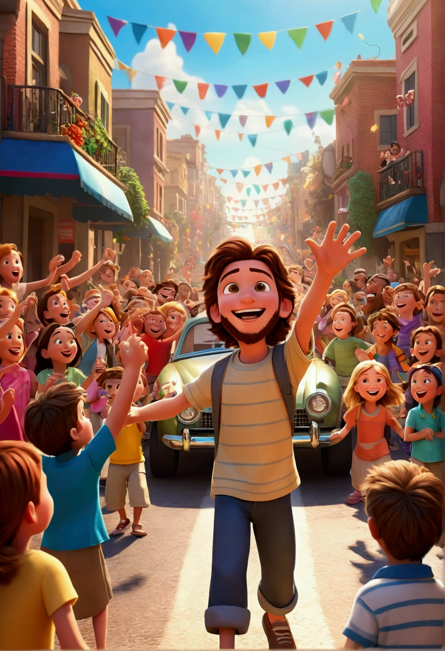 "A vibrant and lively Disney/Pixar-style scene of a street parade with happy children and Jesus in the center, very happy and interacting warmly with the kids. Some parents are in the background. The top of the image has space for text. The background shows a sunny and cheerful city. (Animation character) (Pixar style) (masterpiece:1.2) (Bokeh) (best quality) (detailed skin) (detailed texture) (8K) (clay) (cinematic lighting) (sharp focus)."






