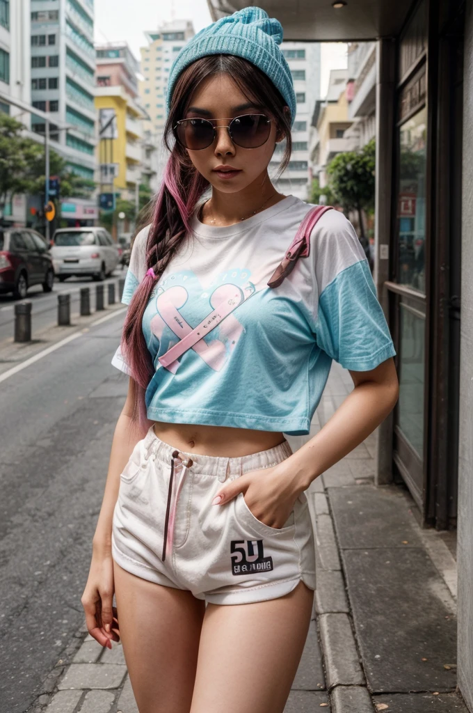 [[((young attractive Singaporean woman with strong Chinese Asian influence, a brown tanned complexion, long straight dark black hair with pastel blue and pink highlights, striking almond-shaped dark brown eyes, and a  frame:1.6)), ((Sophie Tan:1.5)), standing confidently in a busy street wearing ((a colorful, kawaii-style outfit with a graphic oversized t-shirt, a beanie, and white sunglasses:1.4)). The background features an urban environment with a playful and lively atmosphere. The scene is captured with a ((full-frame DSLR:1.4)) using a ((50mm prime lens:1.4)) to keep Sophie in sharp focus while slightly blurring the background. Professional lighting enhances her natural features and the colorful outfit. The image should be in ((8K resolution:1.5)) with ((hyper-realistic detail:1.6)). The focus is on Sophie’s kawaii fashion and the energetic urban backdrop.]]