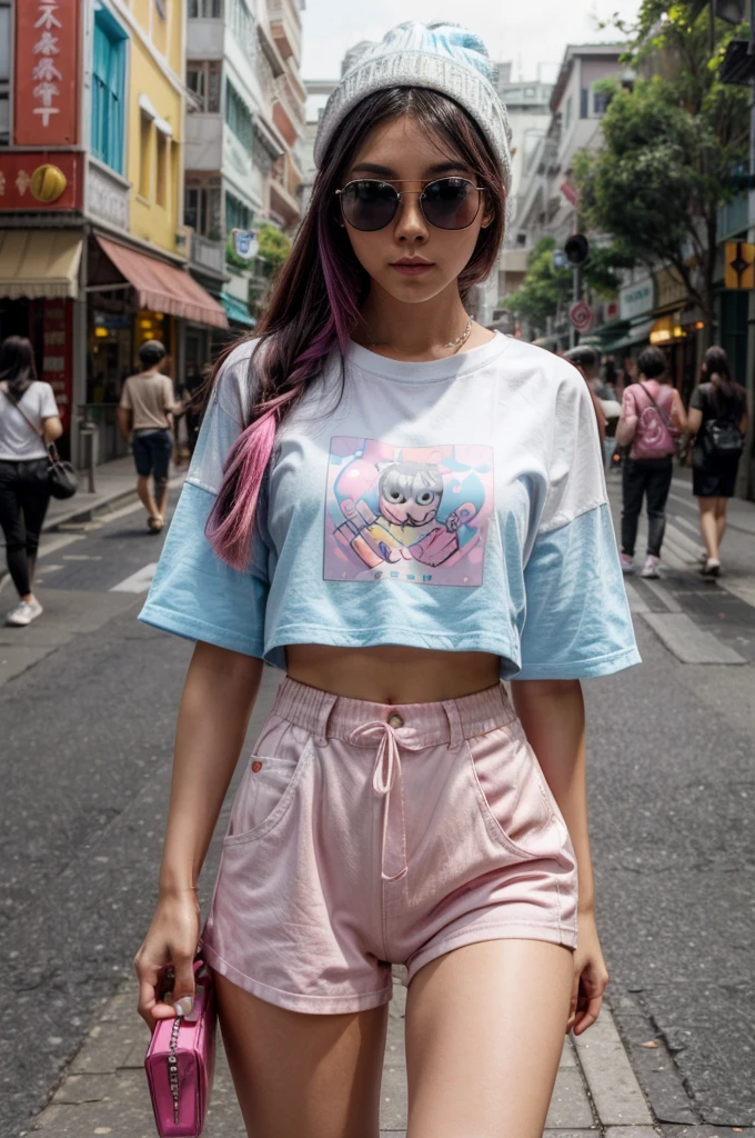 [[((young attractive Singaporean woman with strong Chinese Asian influence, a brown tanned complexion, long straight dark black hair with pastel blue and pink highlights, striking almond-shaped dark brown eyes, and a  frame:1.6)), ((Sophie Tan:1.5)), standing confidently in a busy street wearing ((a colorful, kawaii-style outfit with a graphic oversized t-shirt, a beanie, and white sunglasses:1.4)). The background features an urban environment with a playful and lively atmosphere. The scene is captured with a ((full-frame DSLR:1.4)) using a ((50mm prime lens:1.4)) to keep Sophie in sharp focus while slightly blurring the background. Professional lighting enhances her natural features and the colorful outfit. The image should be in ((8K resolution:1.5)) with ((hyper-realistic detail:1.6)). The focus is on Sophie’s kawaii fashion and the energetic urban backdrop.]]