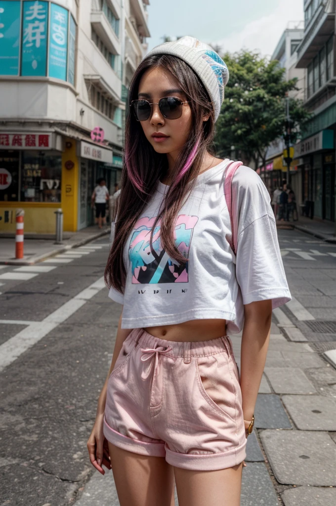 [[((young attractive Singaporean woman with strong Chinese Asian influence, a brown tanned complexion, long straight dark black hair with pastel blue and pink highlights, striking almond-shaped dark brown eyes, and a  frame:1.6)), ((Sophie Tan:1.5)), standing confidently in a busy street wearing ((a colorful, kawaii-style outfit with a graphic oversized t-shirt, a beanie, and white sunglasses:1.4)). The background features an urban environment with a playful and lively atmosphere. The scene is captured with a ((full-frame DSLR:1.4)) using a ((50mm prime lens:1.4)) to keep Sophie in sharp focus while slightly blurring the background. Professional lighting enhances her natural features and the colorful outfit. The image should be in ((8K resolution:1.5)) with ((hyper-realistic detail:1.6)). The focus is on Sophie’s kawaii fashion and the energetic urban backdrop.]]