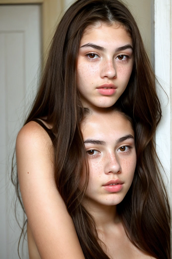 really pretty 18 years old girl. Brown hair. Innocent face. Straight looking to the camera. Facing the camera. Light brown eyes. Freckles. Unique face. Thin face. Beautiful eyes. Thick eyebrows. Pretty filled lips. Fat lips. Thin nose. Freckles and nice skin. Similar to Monica belucci