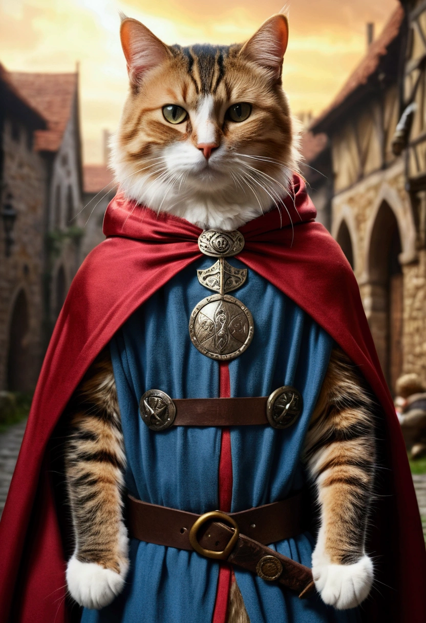 (best quality, 4K , 8k , A high resolution written) ultra detail, medieval fantasy background, (Realistic, photo realistic, photo-realistic:1.37), warrior, cat, wearing cape, (written "OCKSYI" in the cape) written OCKSYI on his robe