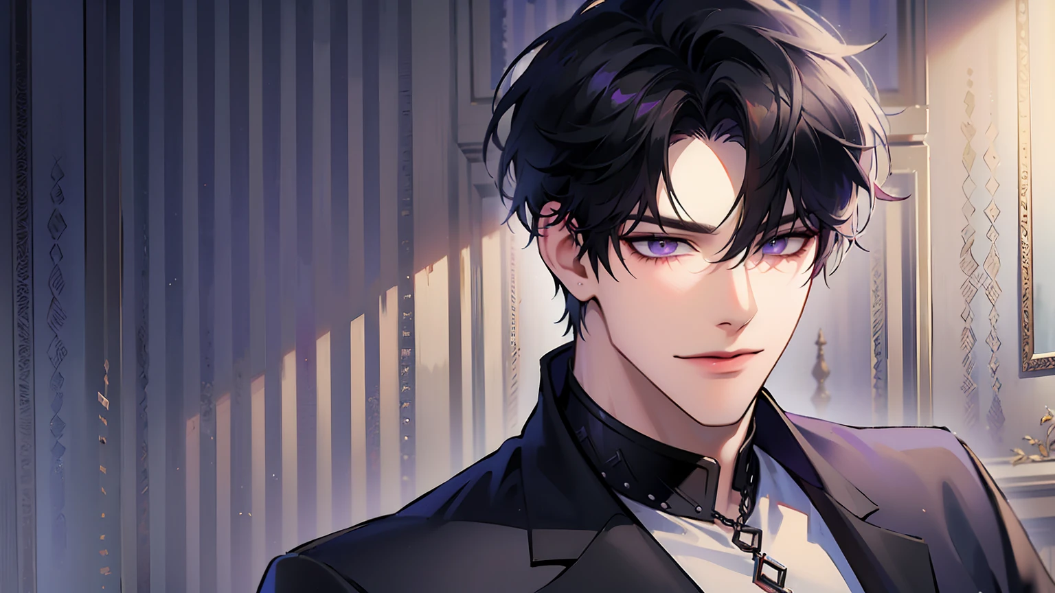 (masterpiece, 8k, high quality, best quality:1.6), 1boy, solo, short hair, black hair, asymmetrical fringe, purple eyes, handsome, sharp eyes, (mature male, mature:1.2), male focus, fashionable, tucked in open purple collared shirt, necklace, indoors, bedroom, light brown wallpaper, close up, smile, long eyelashes, soft shadows, perfect anatomy