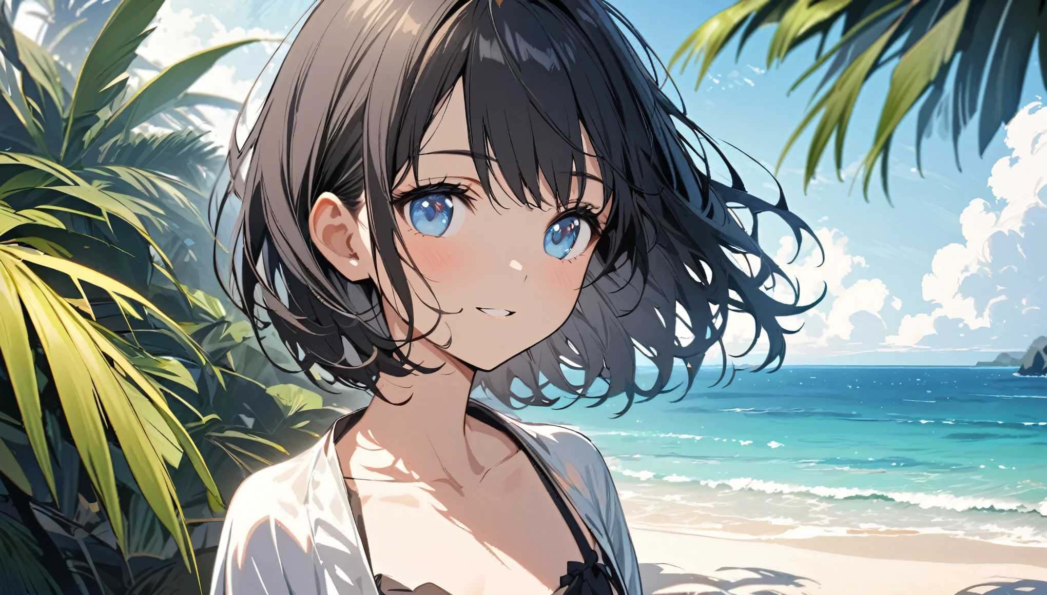 1girl, solo, blue eyes, (detailed eyes), flat chest, short hair, black hair, (masterpiece),(masterpiece), (masterpiece, Highest quality:1.2), 1 Girl, alone,Eyes open,Are you having fun,Tropical atmosphere,Ocean,focusing